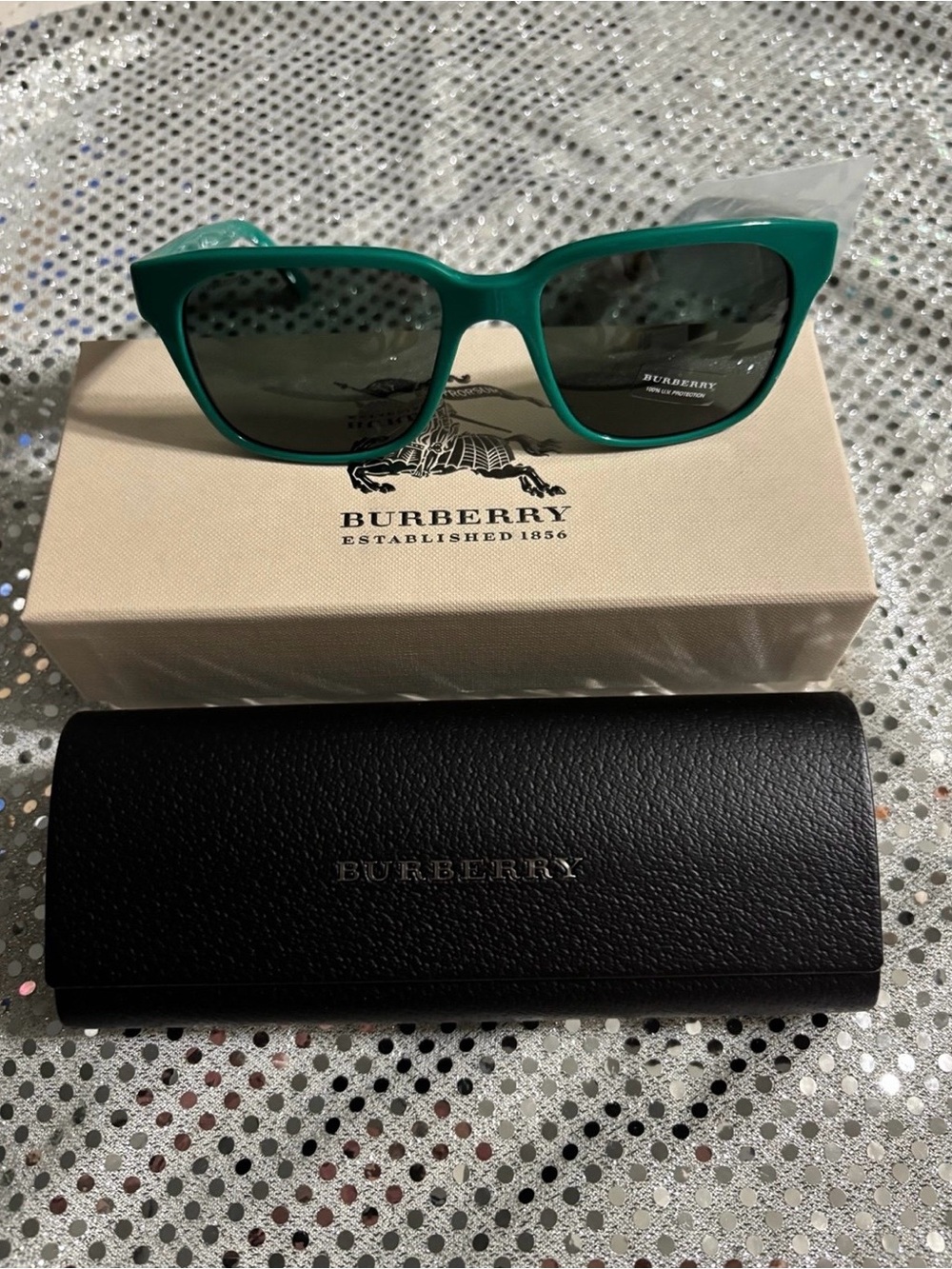 Burberry Teal Frame Sunglasses with Dark Green Lenses
